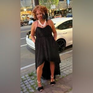 BLACK SPAGHETTI STRAPS BACK ZIP CLOSURE FURRY ASYMETRIC DRESS